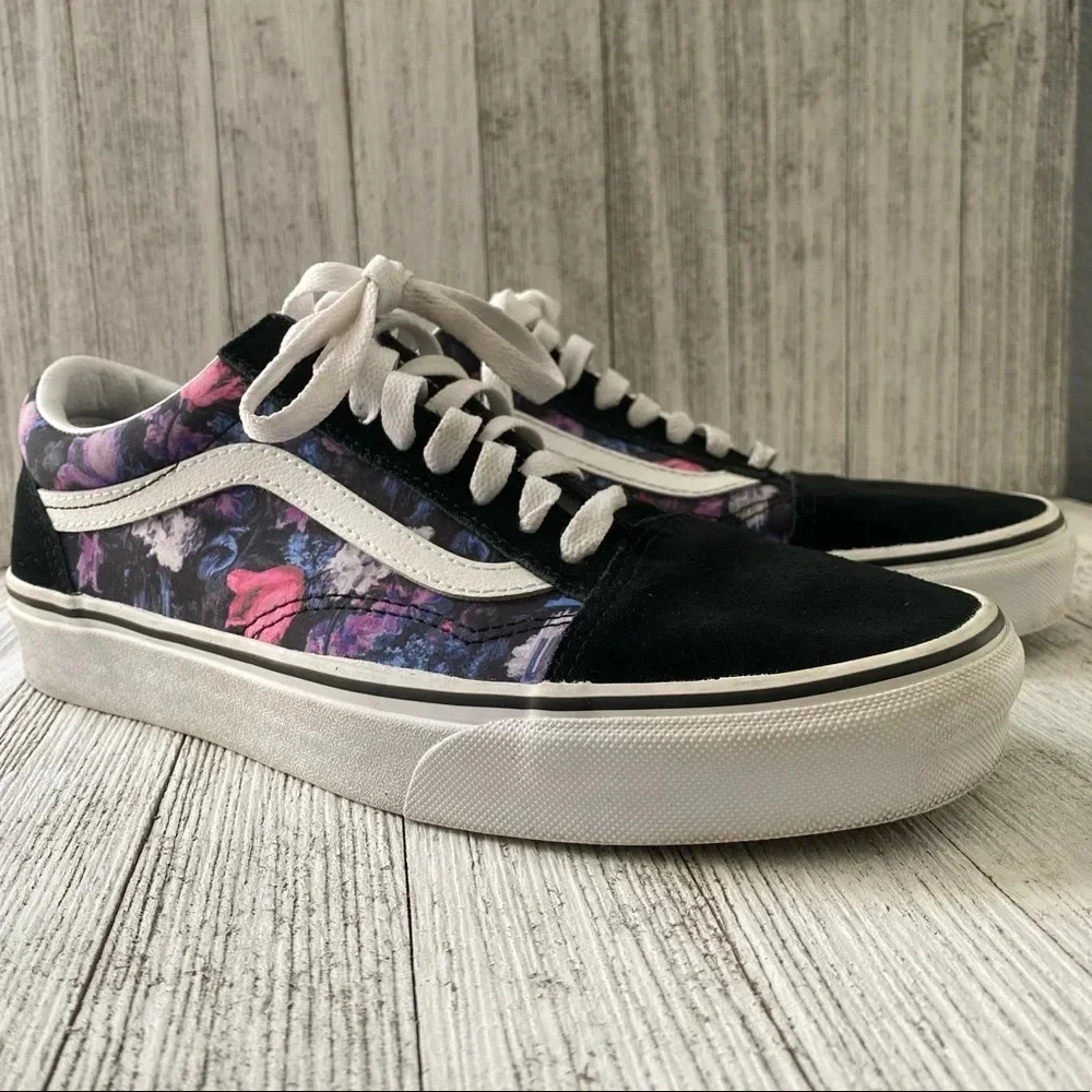 Vans Low Old Skool Floral Black Purple Pink White Skate Shoes Size 7.5